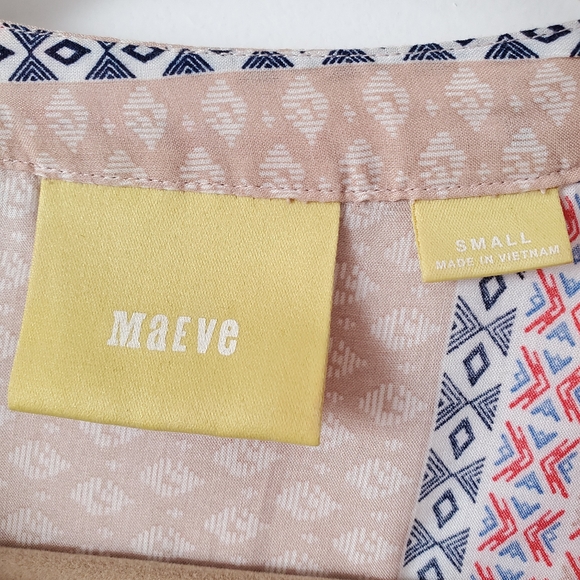 Maeve x Anthropologie Lt Brown Blue & Red 3/4 Sleeve Blouse - Picture 3 of 8